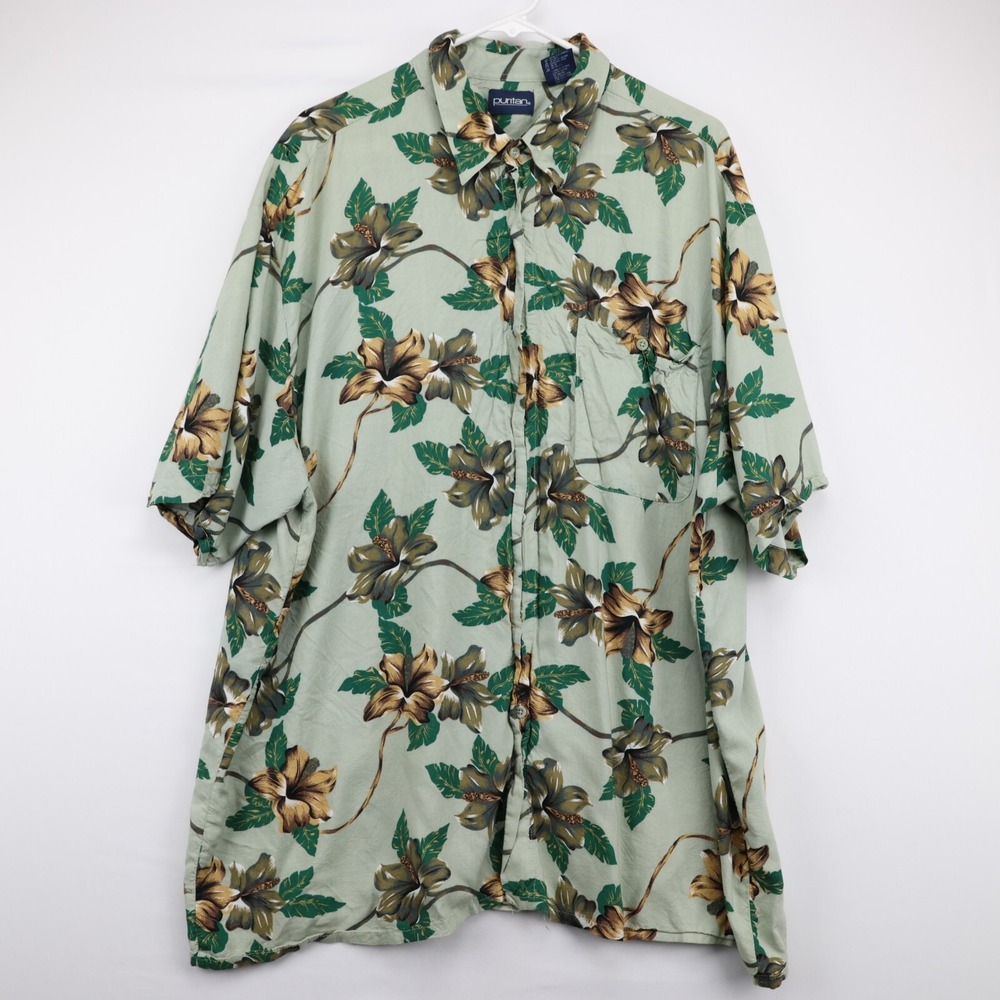 Puritan Men Hawaiian Short Sleeve Button Down Green Floral Shirt 2XL 100% Rayon